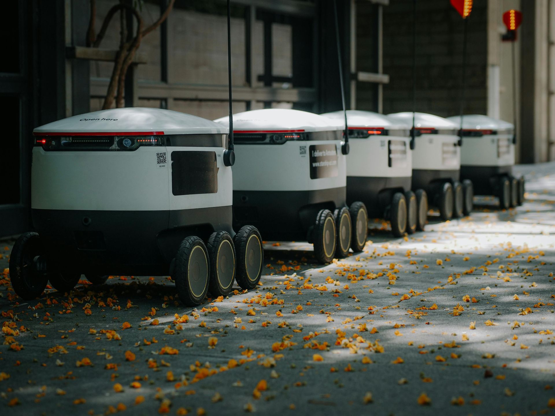 A line of delivery robots parked on a sidewalk, with orange petals scattered around.