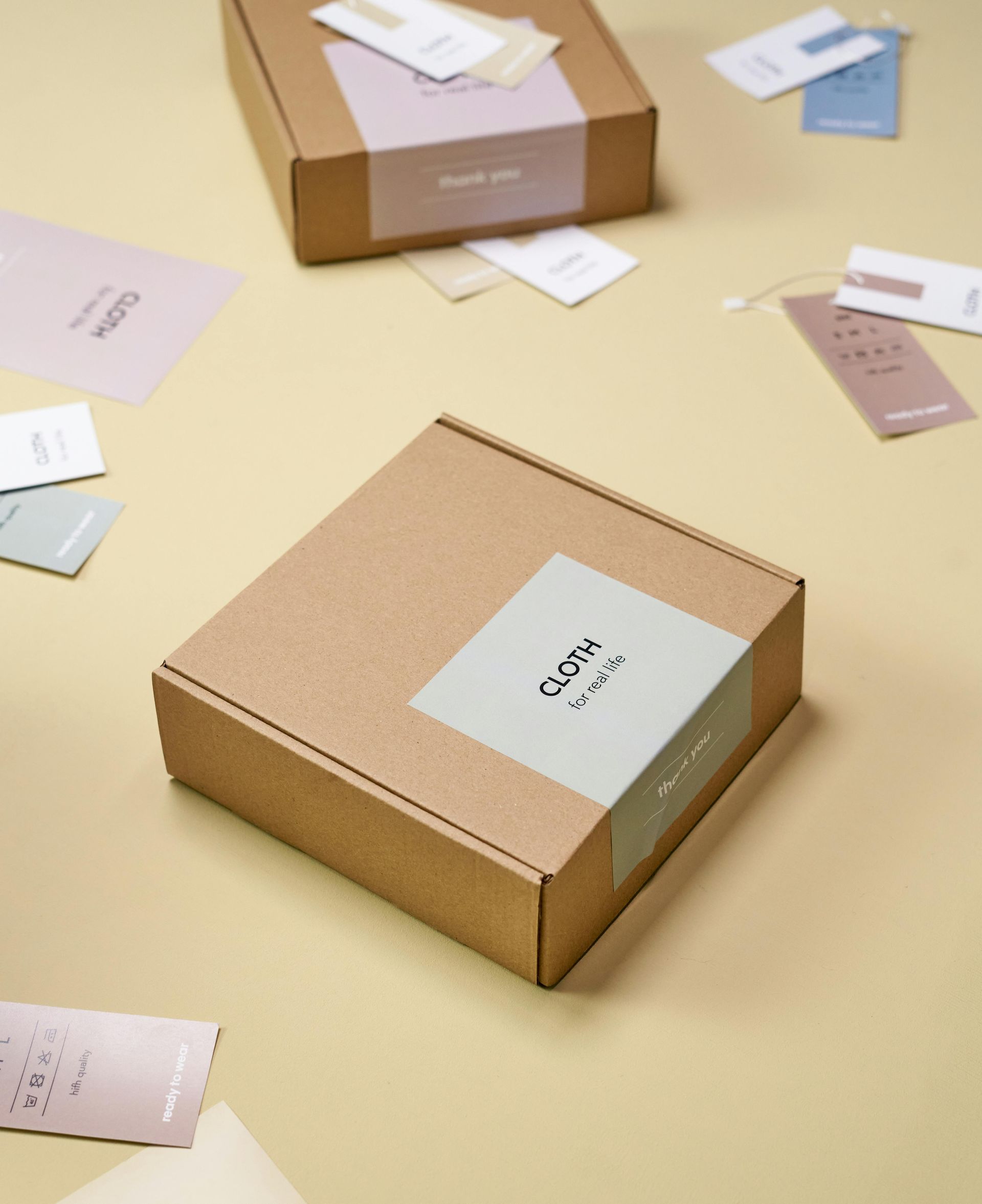 Cardboard boxes with pastel labels and tags scattered on a beige surface.