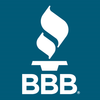 BBB logo: white flame over white letters