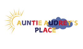 A logo for auntie audrey 's place with a sun and cloud