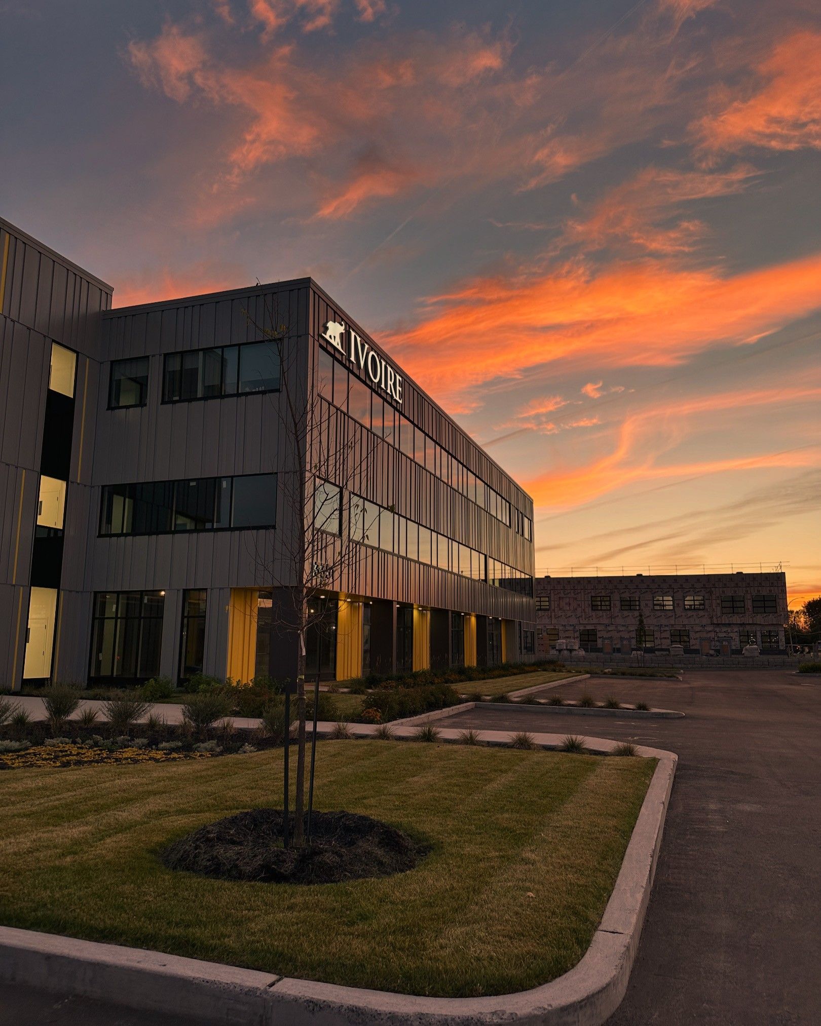 Un grand bâtiment avec un coucher de soleil en arrière-plan
