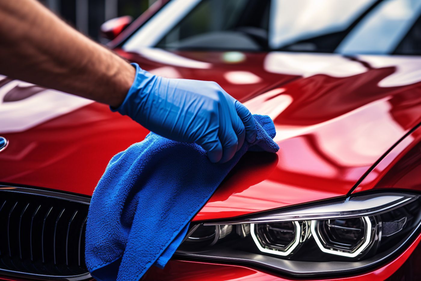 A person wearing blue gloves is cleaning a red car with a blue towel at a car wash in St. Mary's.