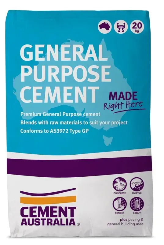 Bag of General Purpose Cement from Cement Australia; blue and white with Australian map.