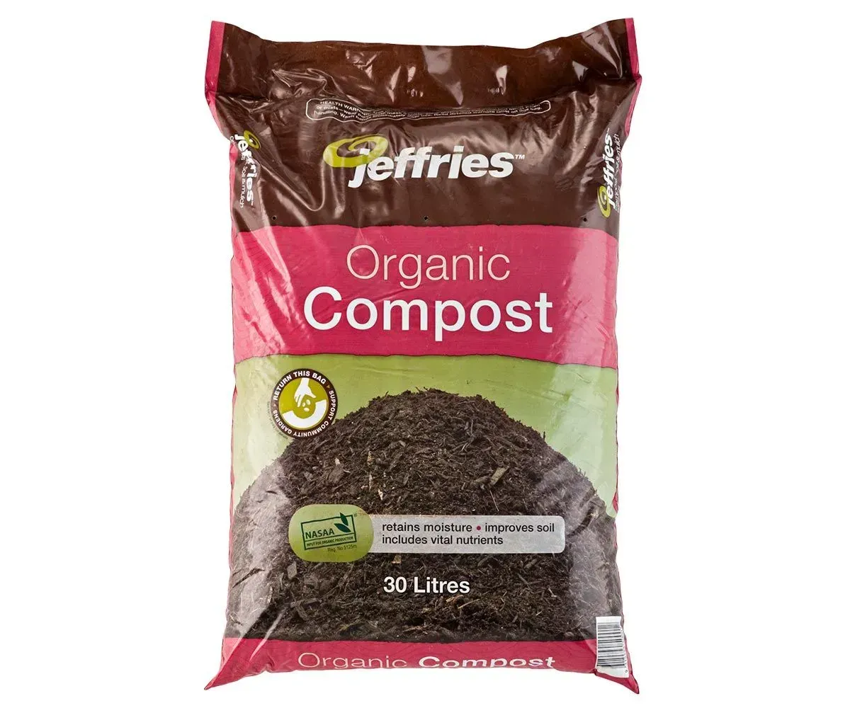 Bag of Jeffries Organic Compost, brown and red packaging, 30 lbs.