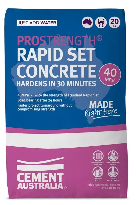 Blue and pink bag of Prostrength Rapid Set Concrete, with the Cement Australia logo.