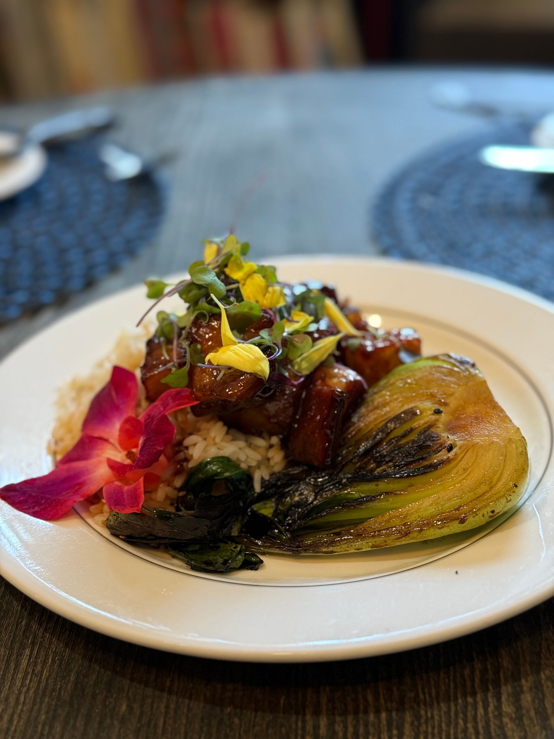 A close up of a plate of food on a table.