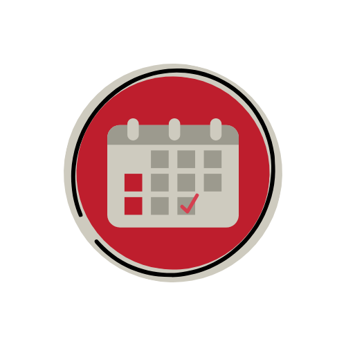 A calendar with a check mark on it is in a red circle.