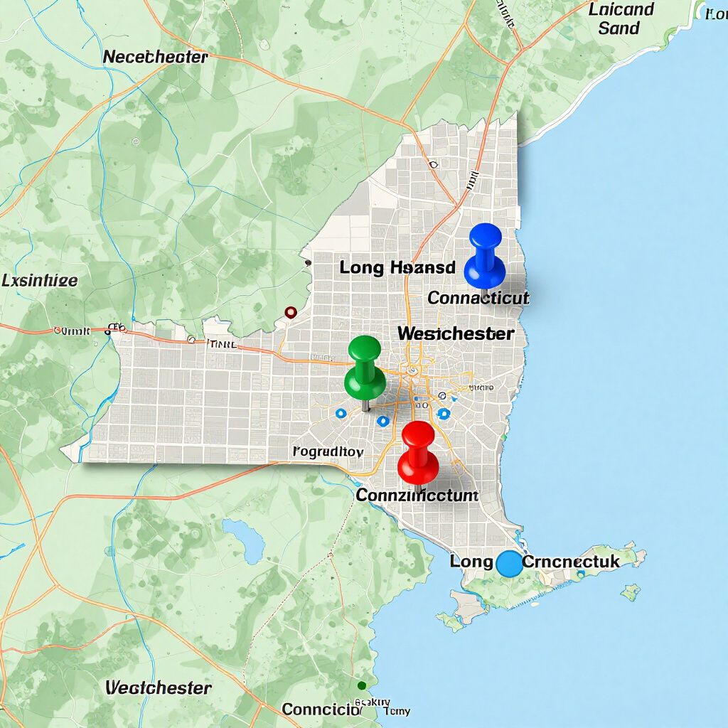 Map of New York and Connecticut with four colored pins: blue, green, and red, plus a light blue pin.