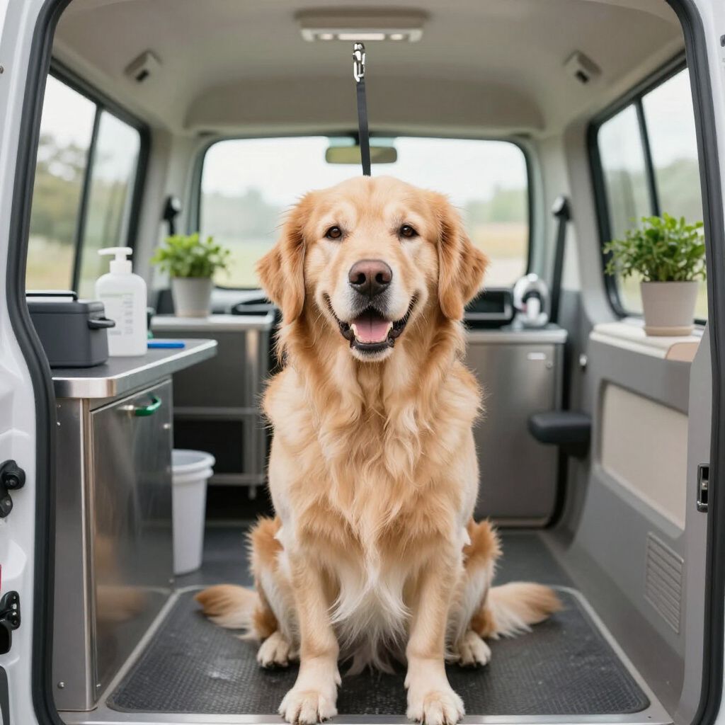Golden retriever sits inside a mobile dog grooming van, smiling.