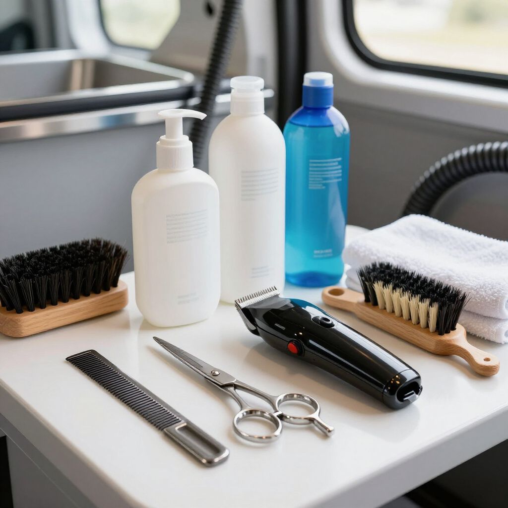 Grooming supplies: shampoo, brushes, clippers, scissors, towel, and combs arranged on a white table in a vehicle.
