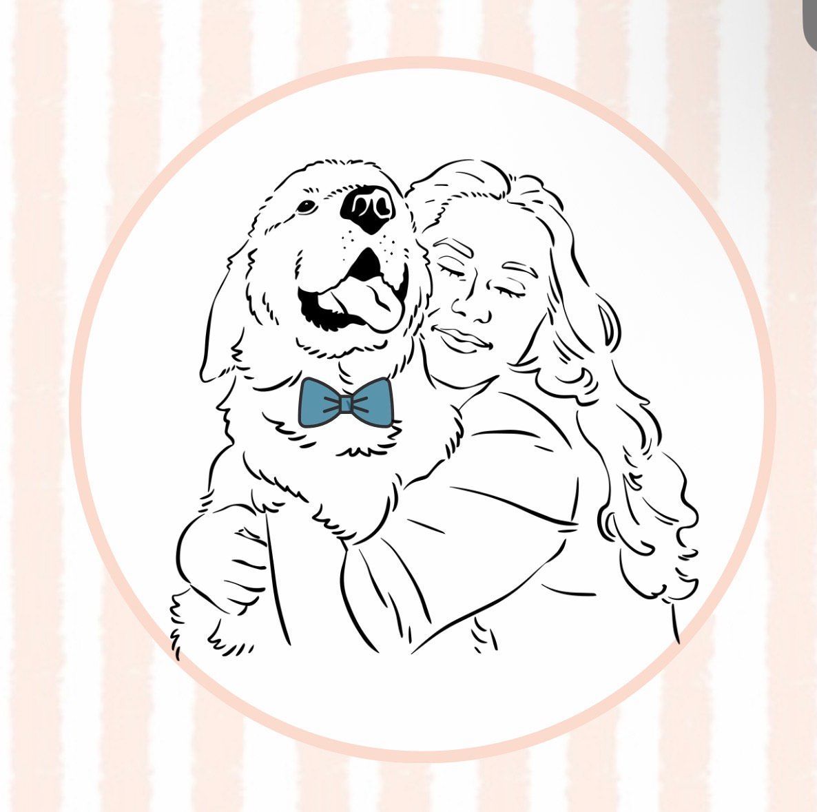 Woman embracing golden retriever wearing blue bow tie, both smiling.