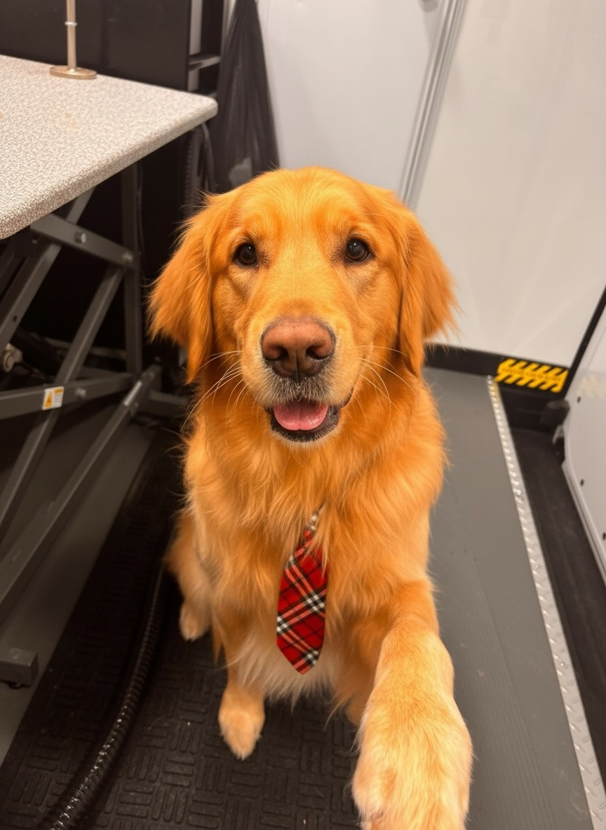 Golden retriever wearing a red plaid tie sits on a treadmill, paw raised, smiling.