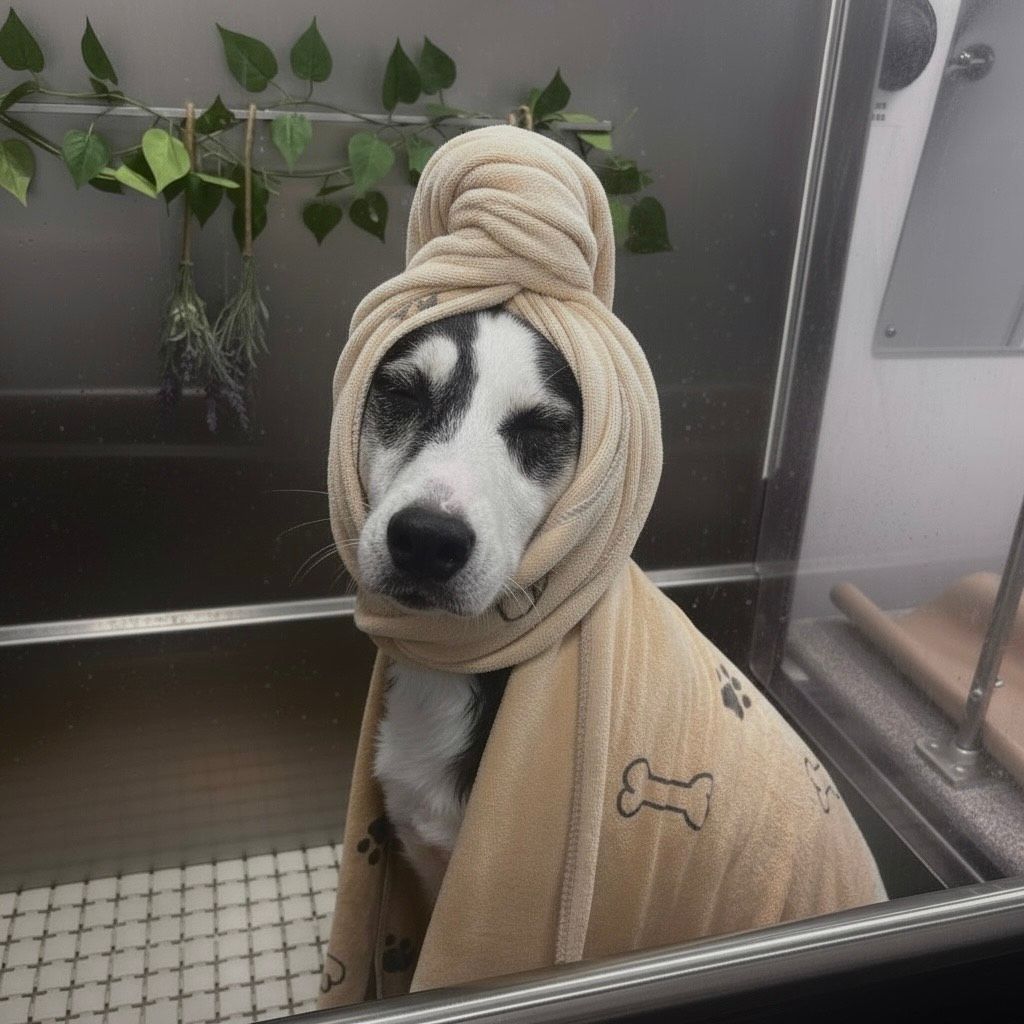 Dog wrapped in a beige towel, head covered like a turban, in a tiled shower stall.