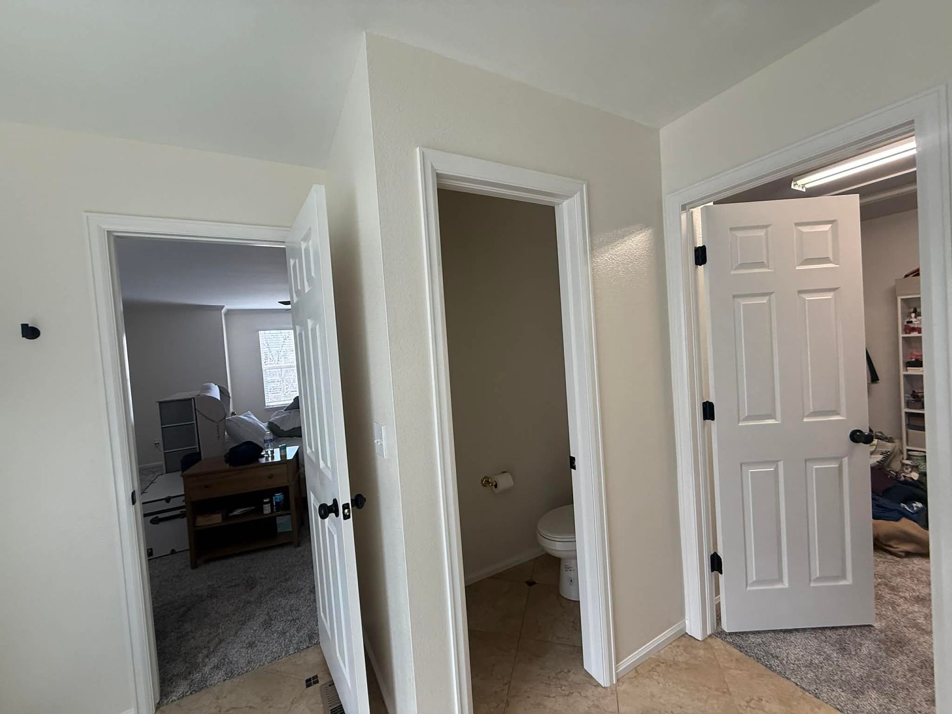 Three open interior doors showing views into a carpeted bedroom, a small toilet room, and a walk-in closet.
