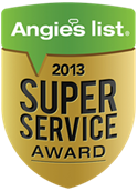 A 2013 Angies List Super Service Award badge in the shape of a golden shield with green header text.