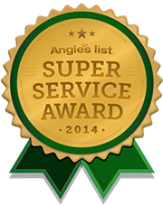 Gold-colored Angie's List Super Service Award emblem for 2014, featuring three stars and green ribbon accents.