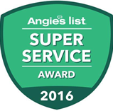 Green Angie's List Super Service Award badge for the year 2016 in the shape of a shield.