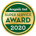 A circular, gold and dark green Angie's List 2020 Super Service Award badge.