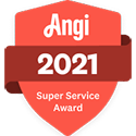 Red, shield-shaped emblem for the 2021 Angi Super Service Award with white text.