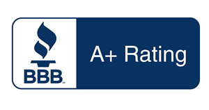 BBB logo with a flame icon next to the text A+ Rating on a blue background.