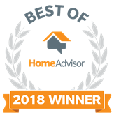 HomeAdvisor Best of 2018 winner badge featuring an orange house icon, gray laurel wreath, and an orange banner.