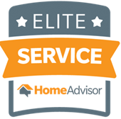 HomeAdvisor Elite Service badge in gray and orange with stars and a house icon.
