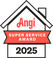 Angi Super Service Award 2025 logo featuring a house icon and a red ribbon.