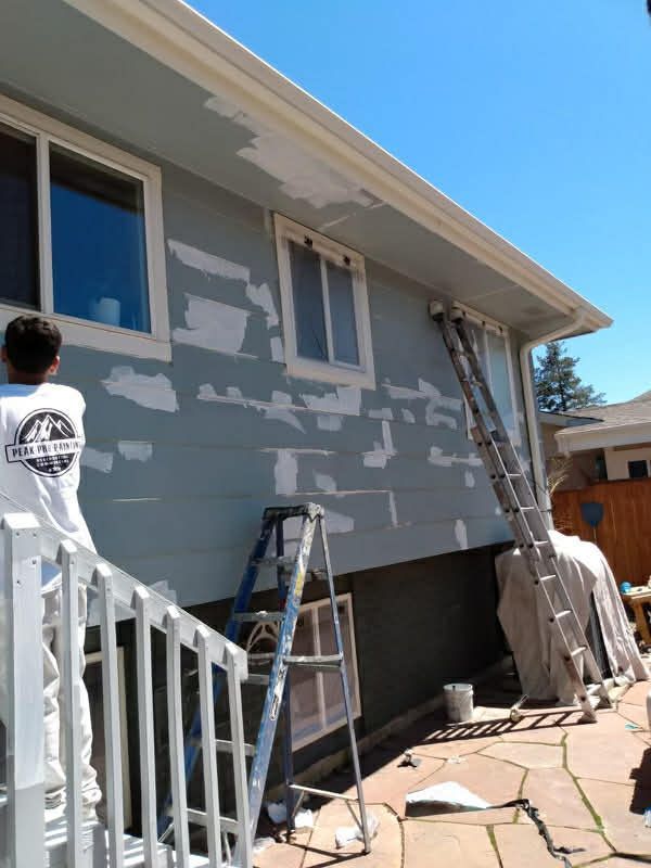 A person in white work clothes paints a gray house wall, with a ladder leaning against the siding near an open window.