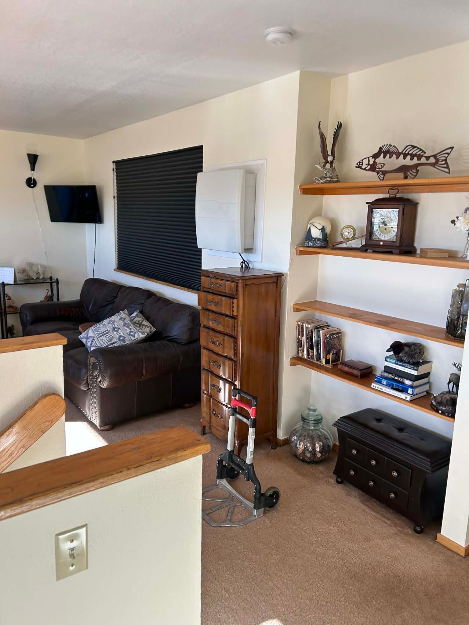A living room featuring a brown leather couch, a wooden chest of drawers, built-in shelving, and a small hand truck.