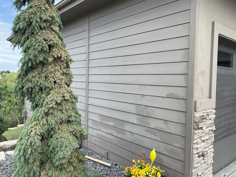 A grey-sided building exterior with stone accents near a garage door and a large, textured evergreen tree.