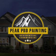 Logo for Peak Pro Painting featuring a mountain icon over a house background, with residential and commercial text.