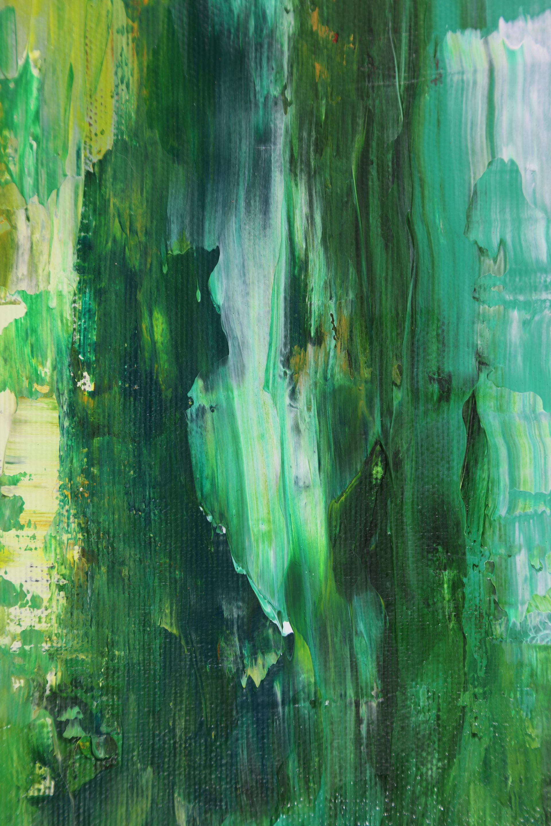 An abstract painting featuring vertical strokes and drips of varying shades of green, dark forest tones, and white.