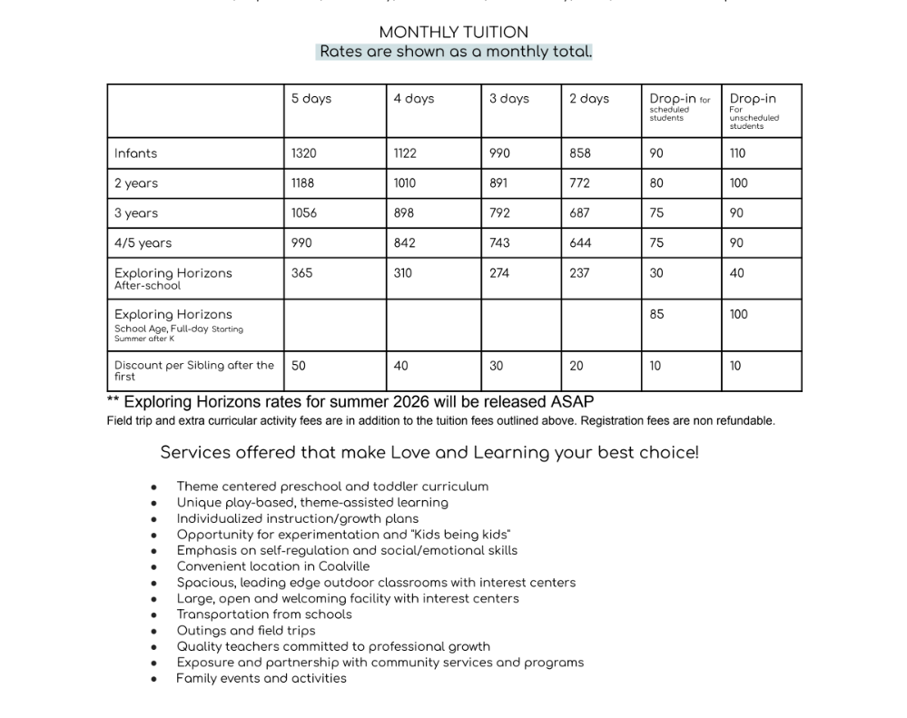 Monthly tuition chart with rates for different days of the week, plus
