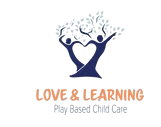 A logo for a play-based child care company called Love and Learning Child Care 
