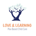 A logo for a play-based child care company called Love and Learning Child Care 