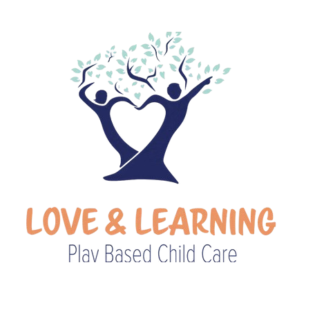 A logo for a play-based child care company called Love and Learning Child Care 