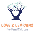 A logo for a play-based child care company called Love and Learning Child Care 