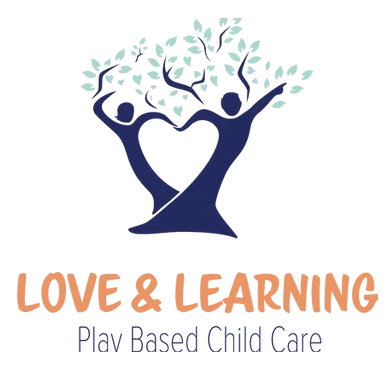 A logo for a play-based child care company called Love and Learning Child Care 