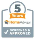 HomeAdvisor 5-Year Screened & Approved badge: gray, orange, and white. Shows a checkmark.