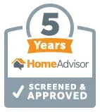 HomeAdvisor 5-Year Screened & Approved badge: gray, orange, and white. Shows a checkmark.