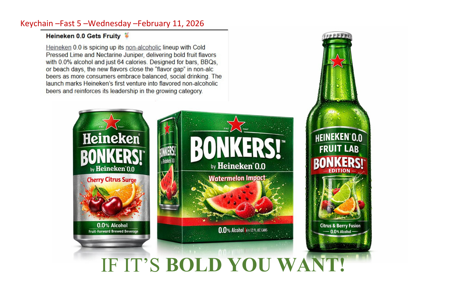 Heineken Bonkers! fruit lager products: can, pack, and bottle. Green and red colors. 