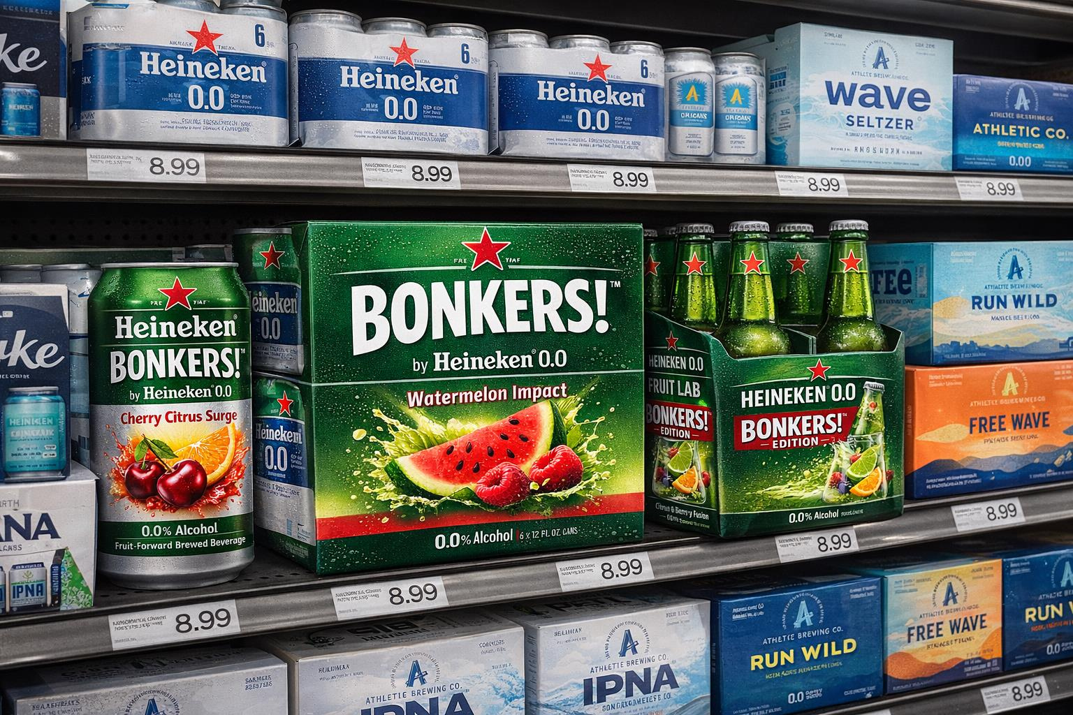 Shelves of various beverages, including Heineken 0.0 with watermelon and fruit flavors.