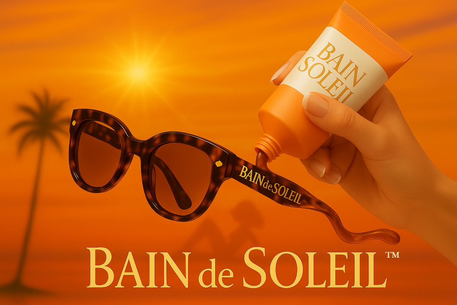 Sunglasses being filled with sunscreen by a hand, with sunset beach in the background.