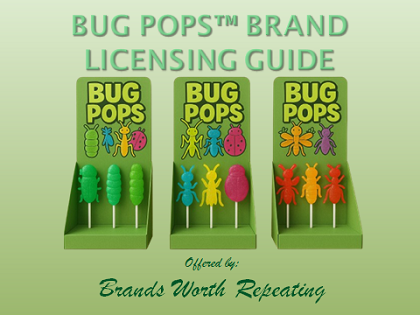 Bug Pops™ Brand Licensing Guide featuring three green display boxes with bug-shaped lollipops.
