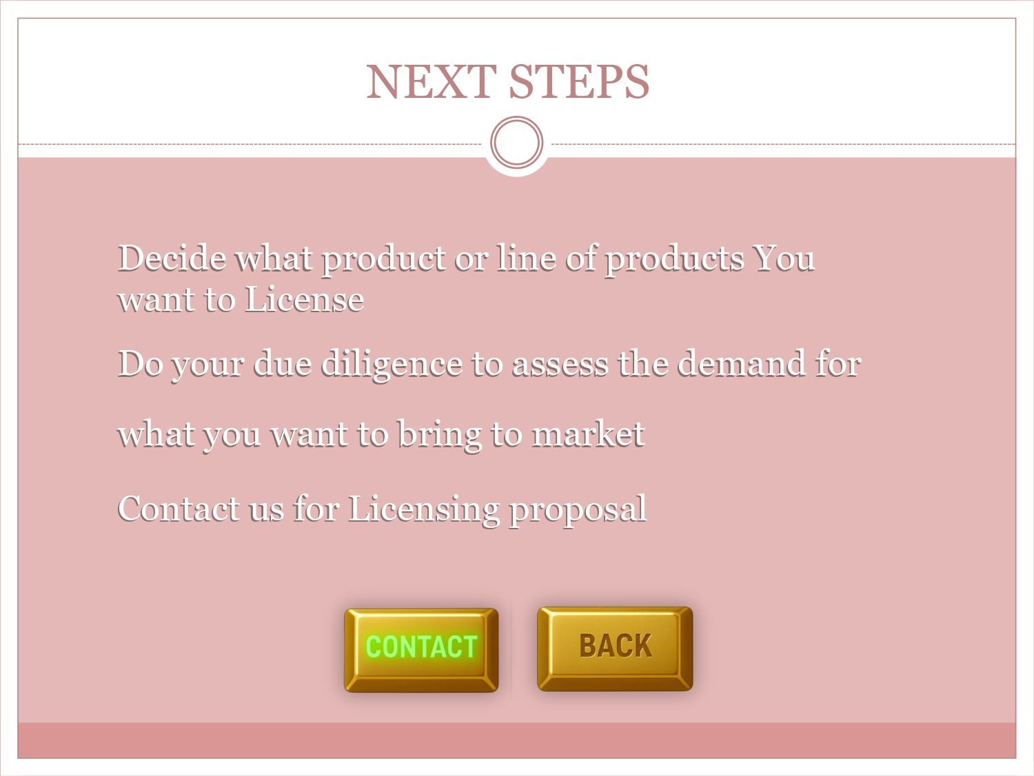 “Next Steps” page with instructions and Contact and Back buttons on a pink background