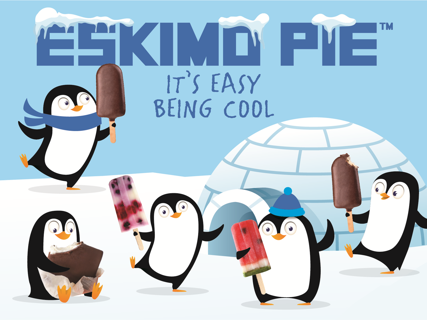 Penguins enjoying Eskimo Pies and other treats near an igloo; text says, 