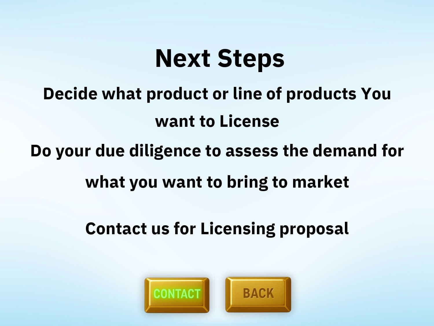“Next Steps” screen with instructions on licensing a product and green Contact and Back buttons