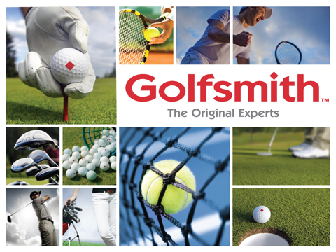 Golfsmith logo with golf and tennis images, text: The Original Experts.