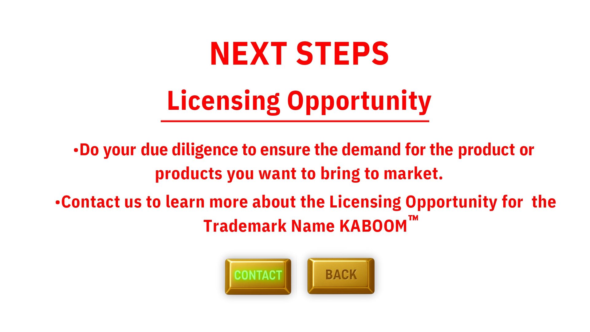 Licensing Opportunity notice with Contact and Back buttons on white background