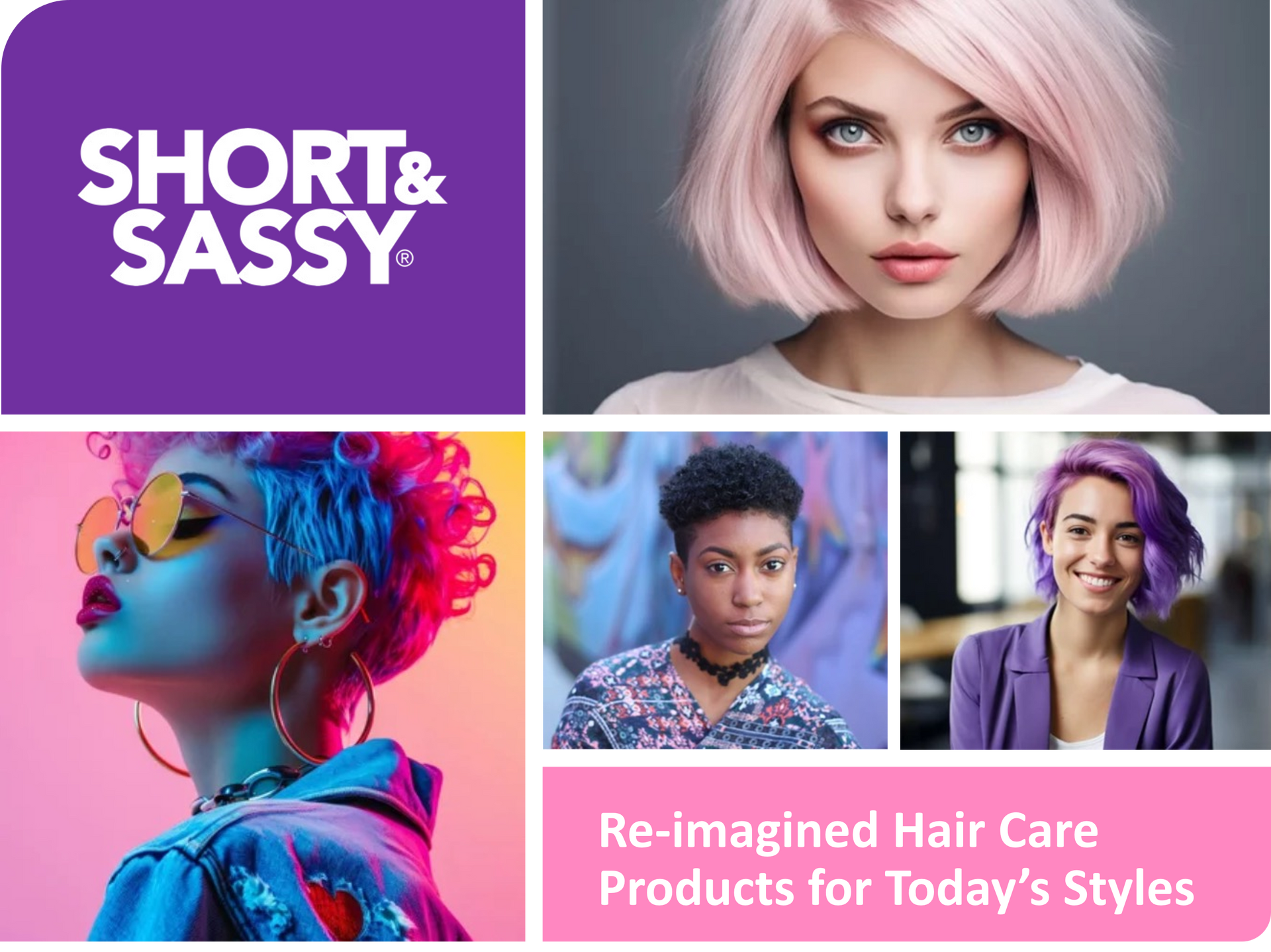 Short & Sassy logo with four photos of people with vibrant short hairstyles. Pink and purple hues featured.